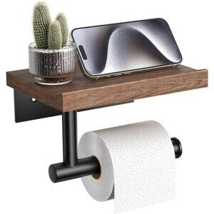 Toilet Paper Holder with Shelf Black Matte Wood Wall Mount Bathroom Decor